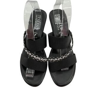 Italian Shoemakers Salena Black Slip On Ribbon Chain Trim Vamp Wedge Sandals 10